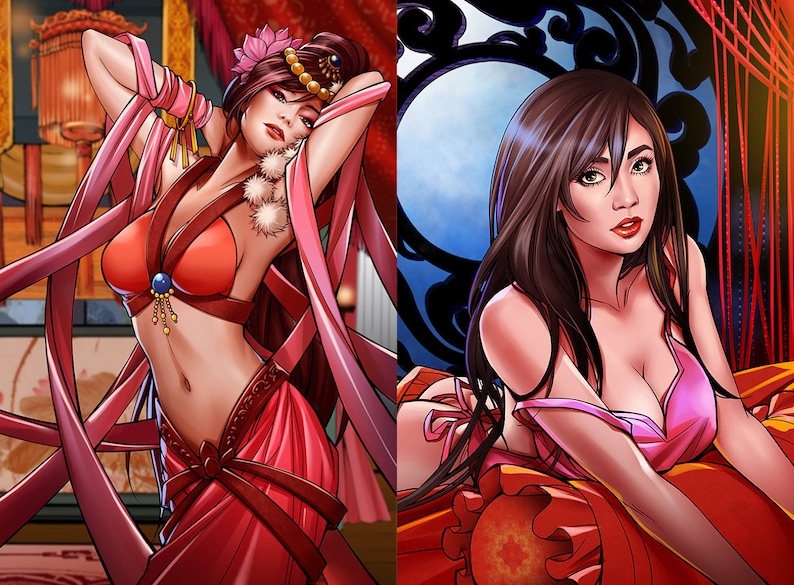 May include: Two women in colorful, flowing robes pose in a dramatic setting. One woman wears a red robe with a pink sash and a jeweled headpiece. The other woman wears a pink robe with a red sash. Both women have long, dark hair and are looking at the camera.