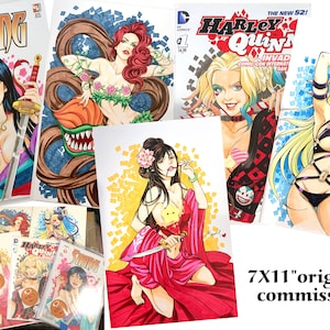 May include: A collection of original comic book art featuring various characters, including a woman with long black hair holding a sword, a woman with red hair and a green dress, a woman with blonde hair and a red and black costume, and a woman with blonde hair and a black and purple costume. The art is drawn in black and white and colored with markers. The art is signed by the artist and includes the text "7X11" original commission."