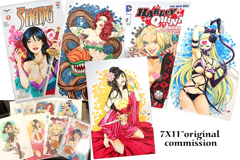 May include: A collection of original comic book art featuring various characters, including a woman with long black hair holding a sword, a woman with red hair and a green dress, a woman with blonde hair and a red and black costume, and a woman with blonde hair and a black and purple costume. The art is drawn in black and white and colored with markers. The art is signed by the artist and includes the text "7X11" original commission."