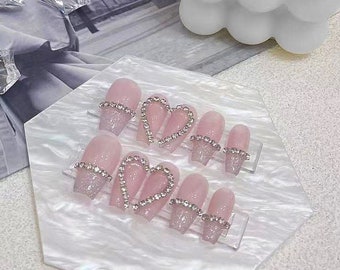 Pink with Glitter Press On Nails, Coffin Press On Nails, Handmade Graceful Nail, Pure Color Nail