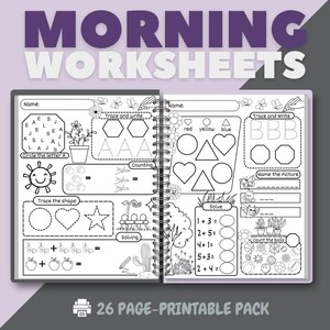 May include: Black and white printable worksheets for kids. The worksheets include activities such as tracing letters and shapes, counting, and solving simple math problems. The worksheets are designed to help children learn basic skills.