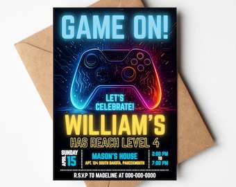 Video Game Birthday Invitation | Gamer Party, Neon Design (Digital Download)