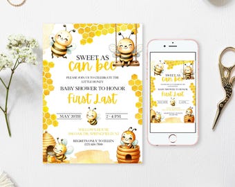 Sweet as Can Bee ベビーシャワー招待状：性別を問わないマルハナバチ（デジタルダウンロード）
