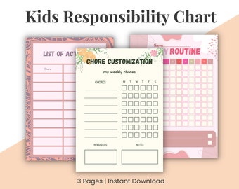 Puede incluir: Tres gráficos imprimibles de responsabilidad para niños con una suave combinación de colores rosa y melocotón. Los gráficos incluyen una lista de actividades, personalización de tareas y un rastreador de rutina diaria. El texto incluye "Kids Responsibility Chart", "List of Activities" y "Chore Customization".