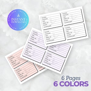 May include: Six printable pages with a checklist for planning a costume, hair, makeup, shoes, and accessories. The pages are in six different colors.
