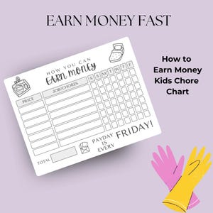 May include: A white chore chart with the text "How You Can Earn Money" and "Earn Money Fast." The chart includes spaces for chores, prices, and a total. The phrase "Payday is Friday!" is also present. Pink and yellow gloves are in the bottom right.