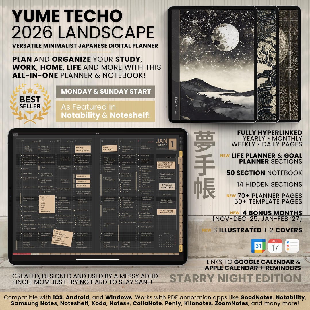 2026 Dark Digital Planner Yume Techo Landscape Notebook Bullet Japanese ...