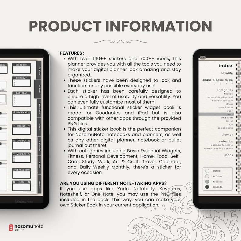 Ultimate Digital Stickers Stickerbook Widget NozomuNoto Japanese Multipurpose Minimalist Calendar ADHD Bullet Journal png Goodnotes Notability Android Tablet iPad finance work study travel health Noteshelf Samsung Xodo