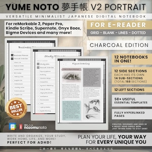 Può includere: Un taccuino digitale intitolato YUME NOTO V2 PORTRAIT CHARCOAL EDITION per e-reader. Mostra tre schermi di tablet con pianificatori in griglia, vuoti, a righe e a punti. Include 12 taccuini, 168 sezioni e oltre 50 modelli.