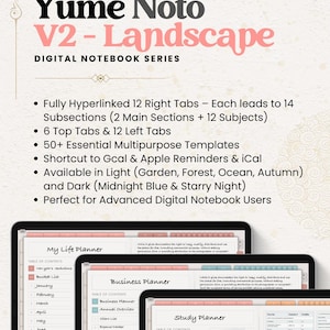NozomuNoto Yume Noto V2 Landscape Garden Edition digital notebook for GoodNotes, Notability, Penly, iPad and Android, showing Yume Noto V2 Landscape feature list, hyperlinked tabs, 12 subjects, 168 sections, app compatibility and cover options.