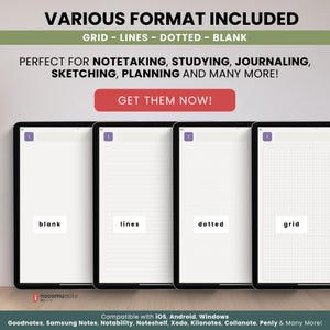 NozomuNoto Yume Noto V3 Portrait Kraft Color Edition notebook for GoodNotes, Notability, Penly, iPad and Android, showing included paper formats for note taking, studying, journaling, sketching and planning: blank, lined, dotted and grid.