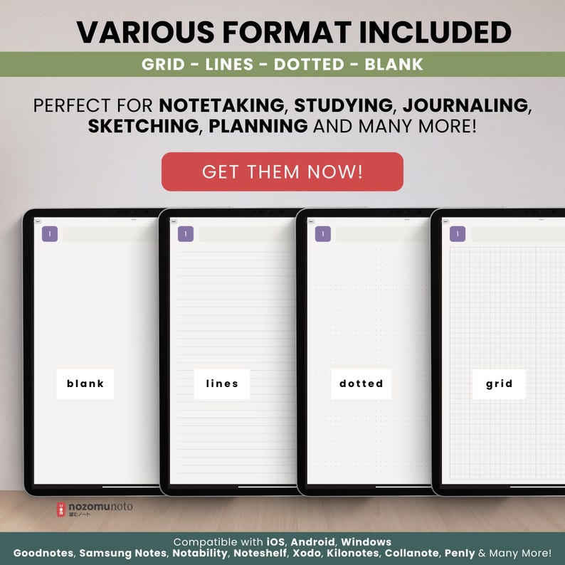 NozomuNoto Yume Noto V3 Portrait Kraft Color Edition notebook for GoodNotes, Notability, Penly, iPad and Android, showing included paper formats for note taking, studying, journaling, sketching and planning: blank, lined, dotted and grid.
