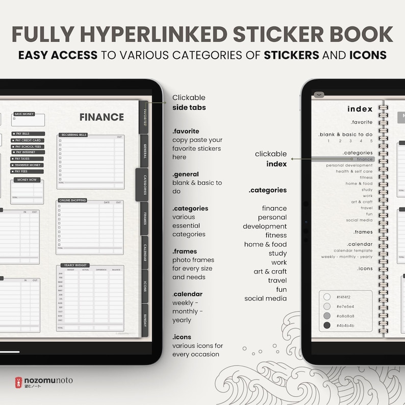 Ultimate Digital Stickers Stickerbook Widget NozomuNoto Japanese Multipurpose Minimalist Calendar ADHD Bullet Journal png Goodnotes Notability Android Tablet iPad finance work study travel health Noteshelf Samsung Xodo