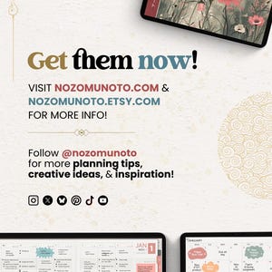 NozomuNoto Yume Noto V2 Landscape Garden Edition digital notebook for GoodNotes, Notability, Penly, iPad and Android, showing get them now page with nozomunoto.com, nozomunoto.etsy.com, social icons and product preview images.