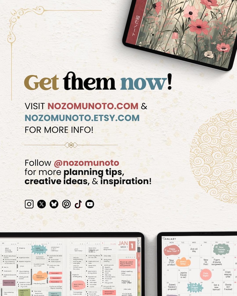 NozomuNoto Yume Noto V2 Landscape Garden Edition digital notebook for GoodNotes, Notability, Penly, iPad and Android, showing get them now page with nozomunoto.com, nozomunoto.etsy.com, social icons and product preview images.