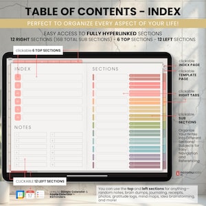 NozomuNoto Yume Noto V2 Landscape Garden Edition digital notebook for GoodNotes, Notability, Penly, iPad and Android, showing table of contents and index with top sections, right tabs, template tabs and linked notebook sections.