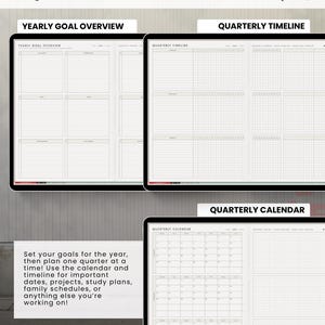 Light 2027 yearly goal overview, quarterly timeline and quarterly calendar shown on three tablets.