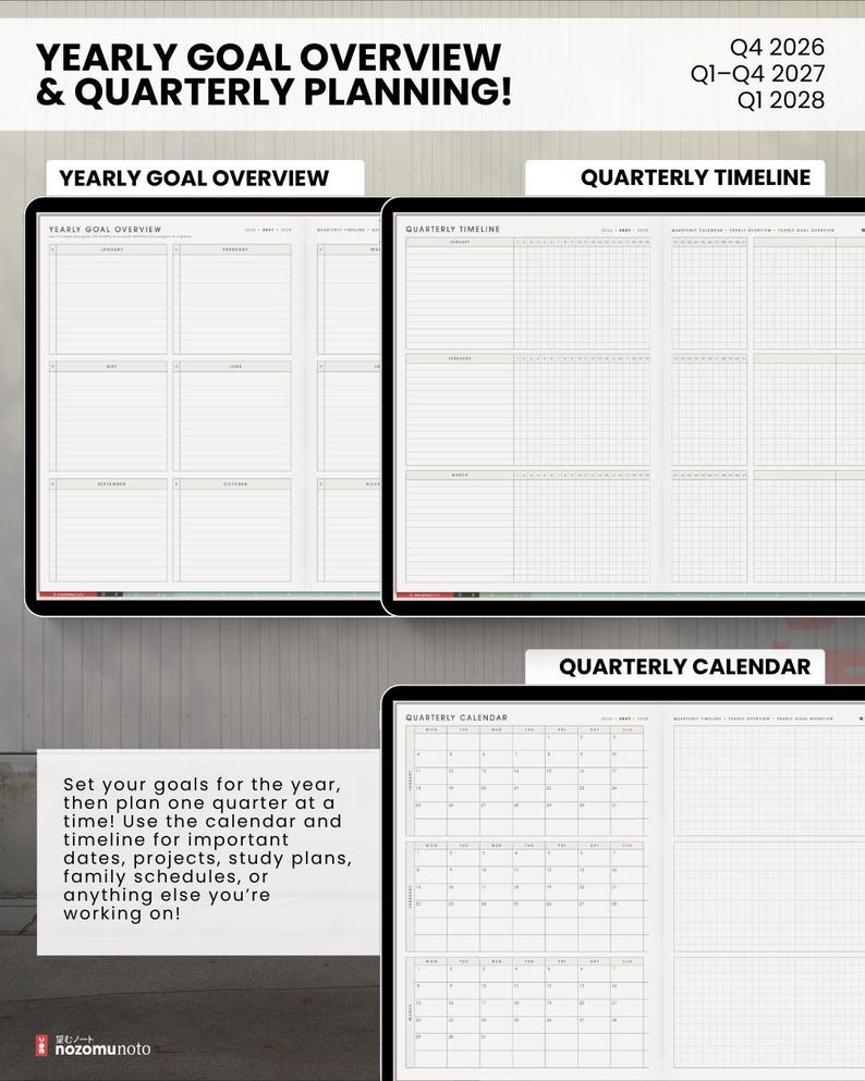 Light 2027 yearly goal overview, quarterly timeline and quarterly calendar shown on three tablets.