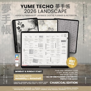 2026 Digital Planner Yume Techo Landscape Notebook Bullet Japanese Hobo Multipurpose Minimalist ADHD Journal Hyperlinked PDF Goodnotes Study