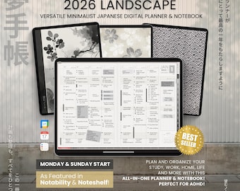 2026 Digital Planner Yume Techo Landscape Notebook Bullet Japanese Multipurpose Minimalist ADHD Journal Hyperlinked PDF Goodnotes Study