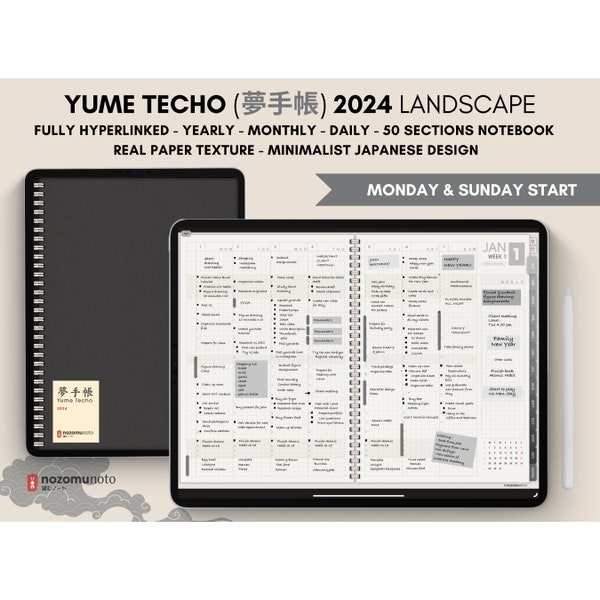 2024 Digital Planner Notebook 50 Subject Hobo Japanese Multipurpose Minimalist ADHD Journal Hyperlinked PDF Goodnotes Notability Landscape