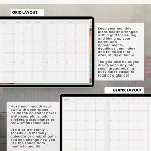 Light monthly planner layouts compared on tablets: a calendar grid and a blank monthly page for flexible planning.