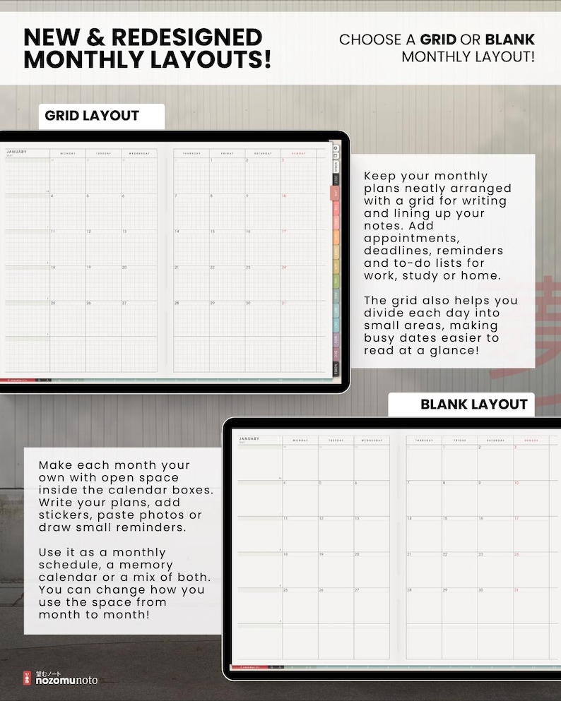 Light monthly planner layouts compared on tablets: a calendar grid and a blank monthly page for flexible planning.