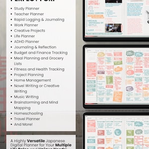 Examples of Light planner pages beside a list of uses including study, work, ADHD planning, journaling, budgeting, home and creative projects.