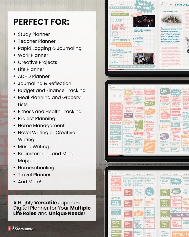 Examples of Light planner pages beside a list of uses including study, work, ADHD planning, journaling, budgeting, home and creative projects.