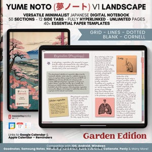 Pode incluir: Uma interface de aplicativo de caderno digital com um fundo de paisagem de montanha de estilo japonês. O aplicativo apresenta um layout de grade, linhas, pontos e uma página em branco. O aplicativo se chama "Yume Noto" e é descrito como um caderno digital japonês minimalista versátil com 50 seções, 12 guias laterais, páginas totalmente hiperligadas e páginas ilimitadas. O aplicativo também inclui mais de 40 modelos de papel essenciais.