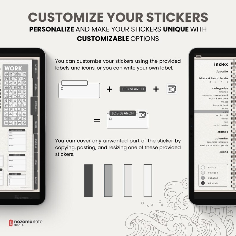 Ultimate Digital Stickers Stickerbook Widget NozomuNoto Japanese Multipurpose Minimalist Calendar ADHD Bullet Journal png Goodnotes Notability Android Tablet iPad finance work study travel health Noteshelf Samsung Xodo