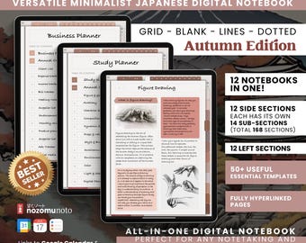 Digital Notebook Portrait All in One 12 Tab 168 Sub Multipurpose Minimalist Journal ADHD Hyperlinked PDF Goodnotes Notability