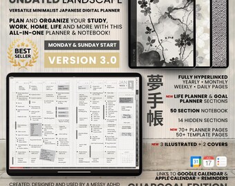 Undated Digital Planner Notebook Subject Hobo Japanese Multipurpose Minimalist ADHD Journal Hyperlinked PDF Goodnotes Notability Landscape