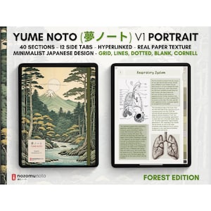 Peut inclure: Un carnet numérique au design japonais inspiré, représentant une scène de montagne et de rivière. Le carnet comporte 40 sections, 12 onglets latéraux et est hyperlié. Il comprend également une texture de papier véritable et une variété de mises en page, notamment une grille, des lignes, des points, un blanc et un Cornell.