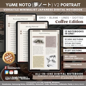 Puede incluir: Un cuaderno digital con el texto "YUME NOTO V2 PORTRAIT" y "Coffee Edition". La imagen muestra tres tabletas que muestran diferentes páginas de planificación, incluyendo un planificador de negocios, un planificador de estudio y páginas de dibujo de figuras. El cuaderno incluye 12 cuadernos en uno.