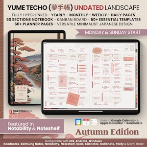 Undated Digital Planner Notebook Subject Hobo Japanese Multipurpose Minimalist ADHD Journal Hyperlinked PDF Goodnotes Notability Landscape
