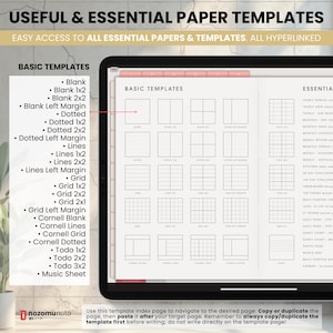 NozomuNoto Yume Noto V2 Landscape Garden Edition digital notebook for GoodNotes, Notability, Penly, iPad and Android, showing basic templates including blank, lined, dotted, grid, Cornell, tracker, storyboard, habit and weekly layouts.