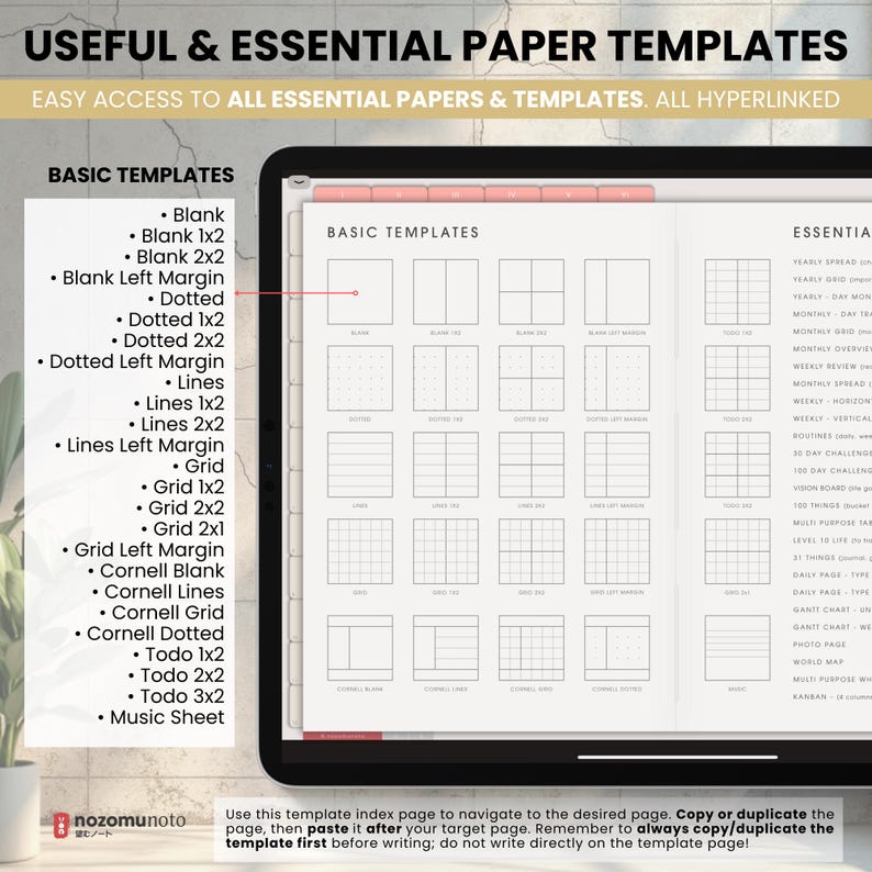 NozomuNoto Yume Noto V2 Landscape Garden Edition digital notebook for GoodNotes, Notability, Penly, iPad and Android, showing basic templates including blank, lined, dotted, grid, Cornell, tracker, storyboard, habit and weekly layouts.