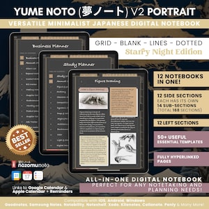 Digital Notebook Portrait All in One 12 Tab 168 Dark Sub Multipurpose Minimalist Journal ADHD Hyperlinked PDF Goodnotes Notability