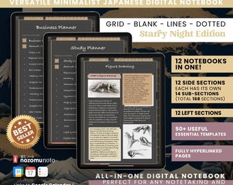 Digital Notebook Portrait All in One 12 Tab 168 Dark Sub Multipurpose Minimalist Journal ADHD Hyperlinked PDF Goodnotes Notability