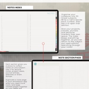 Light 50-subject notebook index and note-section page shown on tablets with explanations of linked subjects and reusable pages.