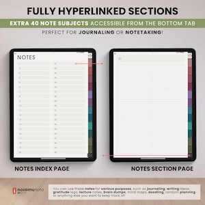 NozomuNoto Yume Noto V3 Portrait Kraft Color Edition notebook for GoodNotes, Notability, Penly, iPad and Android, showing linked notes index and note section pages for extra note subjects from the bottom tab.