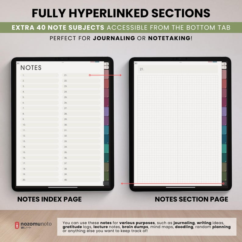 NozomuNoto Yume Noto V3 Portrait Kraft Color Edition notebook for GoodNotes, Notability, Penly, iPad and Android, showing linked notes index and note section pages for extra note subjects from the bottom tab.