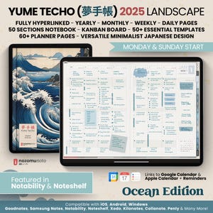 2025 Digital Planner Yume Techo Landscape Notebook Bullet Japanese Hobo Multipurpose Minimalist ADHD Journal Hyperlinked PDF Goodnotes Study