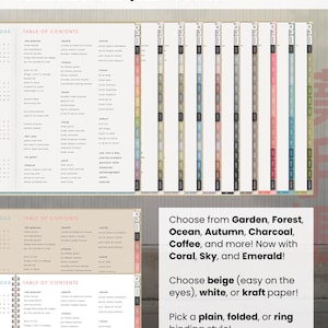 Landscape planner color choices shown as layered planner pages, with paper and binding options explained beside the previews.