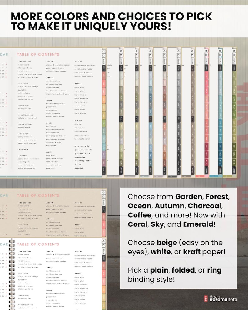 Landscape planner color choices shown as layered planner pages, with paper and binding options explained beside the previews.