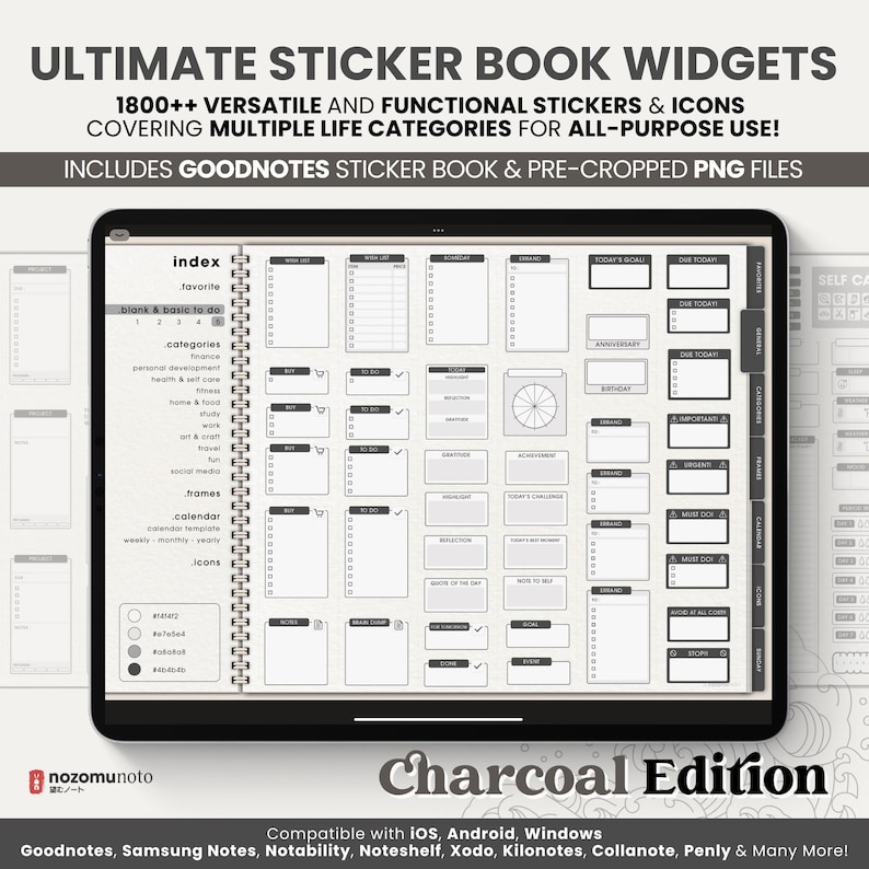 Ultimate Digital Stickers Stickerbook Widget NozomuNoto Japanese Multipurpose Minimalist Calendar ADHD Bullet Journal png Goodnotes Notability Android Tablet iPad finance work study travel health Noteshelf Samsung Xodo