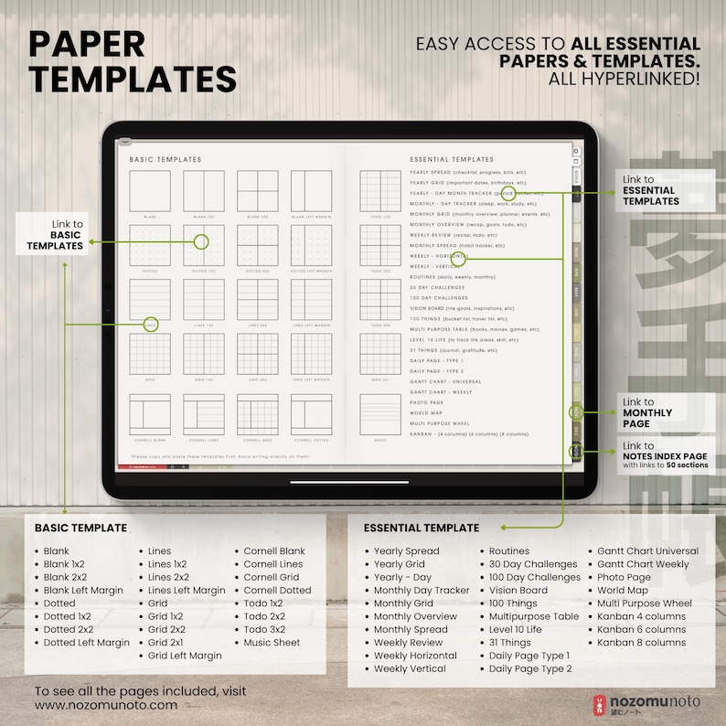 Undated Digital Planner Yume Techo NozomuNoto Notebook Daily Weekly Monthly Calendar Japanese Multipurpose Minimalist ADHD Bullet Journal Hyperlinked PDF Goodnotes Notability Landscape Android iPad Student Study Noteshelf Samsung Notes Hobonichi  Noteful Penly Kilonotes Collanote Zoomnotes