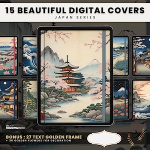 以下が含まれることがあります： 日本のテーマのアートワークが施されたデジタルカバーのコレクション。カバーには、日本の伝統的な風景、五重塔、山、桜、波などが描かれています。テキストは「15 BEAUTIFUL DIGITAL COVERS JAPAN SERIES」と書かれています。ボーナス：27のテキストゴールデンフレーム+36のゴールデンフラワー。