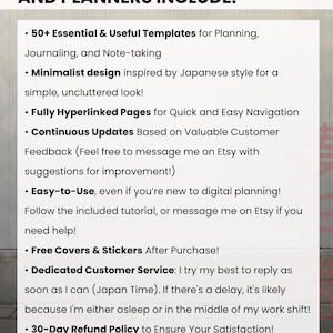 NozomuNoto planner features, including linked templates, minimalist Japanese design, tutorials, free extras, customer support and refund policy.